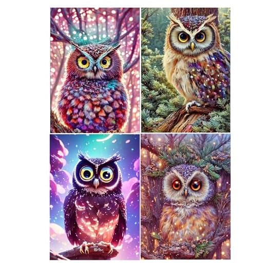 DCIDBEI Pintura de Diamante Pack de 4 30x40 cm 3D AI Diamond Painting Buho Cuadro de Diamantes Buho Pintura por Números Cristal Buho Búho 5D dIY Juego de Manualidades para Niños kit Mosaico Animales
