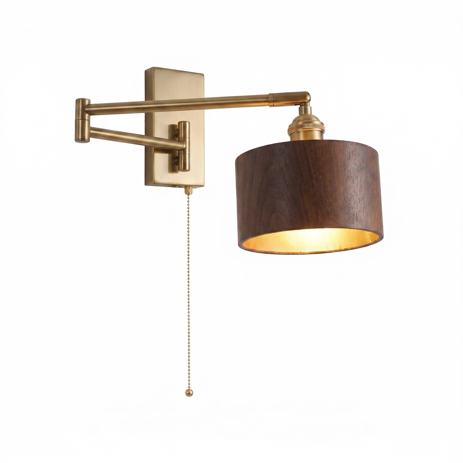 ITOSUI Modern Adjustable Swing Arm Wall Sconce Brass Finish Solid Wood Round Shade E27 Pull Chain Hardwired Fixture for Bedroom Bedside Reading Living Room Hallway Entryway Task Lighting(Walnut)