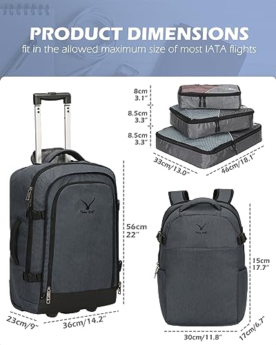Hynes Eagle 2 in 1 Travel Backpack 22 inches Carry on Luggage 63L Rolling Backpack for Men Women with Packing Cubes 3PCS Set Grey Waist Pack Black2