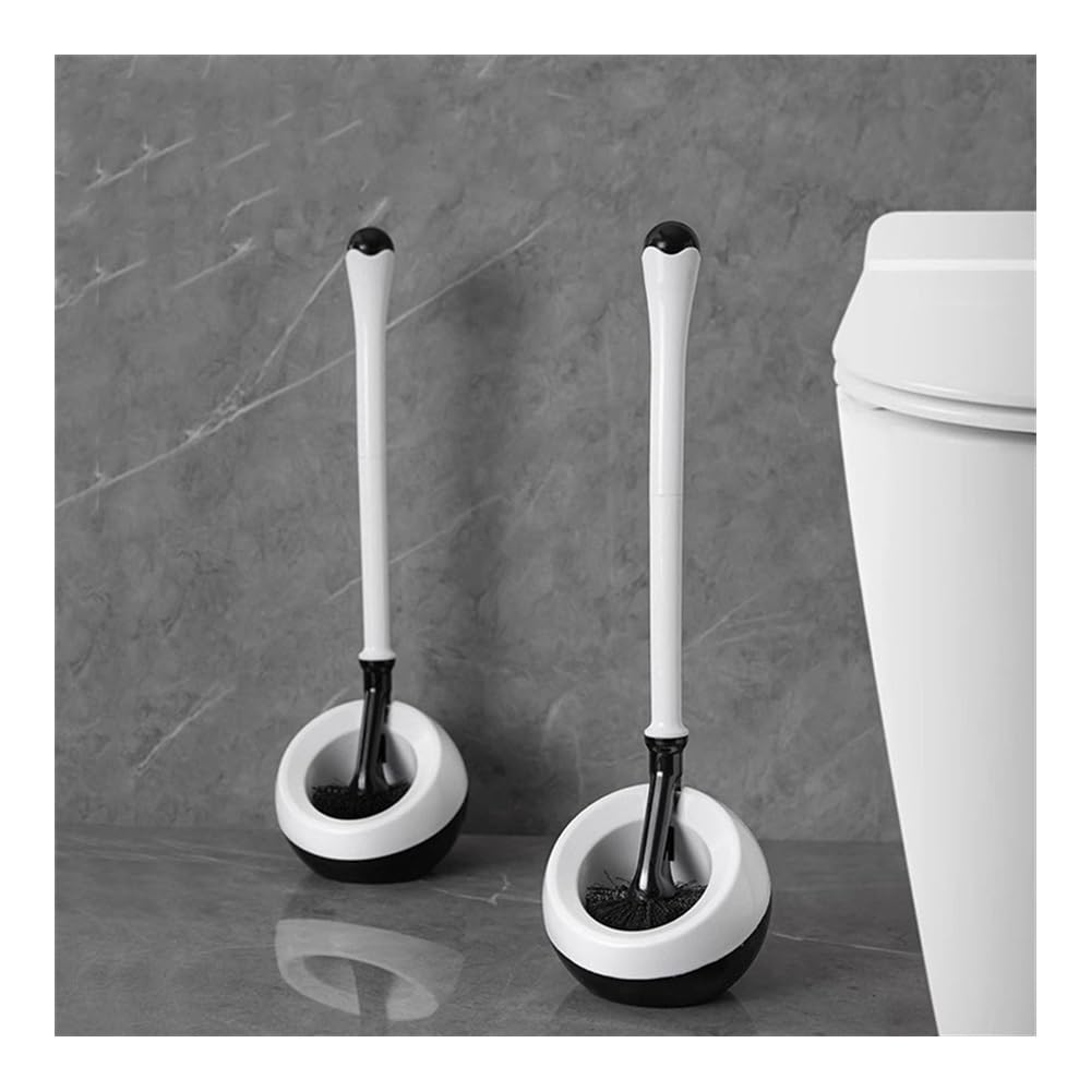 Cepillo de baño, Escobilla de baño Redonda montada en el Suelo con Base Transpirable, escobilla de plástico for Inodoro, escobilla de baño de Mango Largo Blanco y Negro