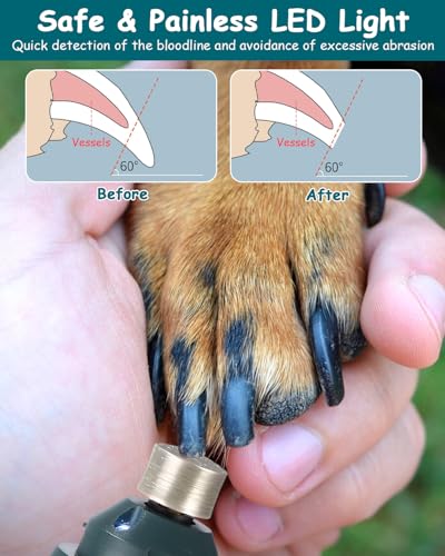 Krallenschleifer für Hunde mit LED-Licht, 5 Geschwindigkeiten,Geräuscharm,Krallenschleifer für Haustiere,Anti-Staub-Spritzwasser-Design,Elektrische Krallenschere für Große,Mittelgroße,Kleine Hunde
