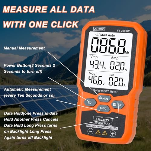 Image of ZIBOO FT-2000W Solar Panel Tester MPPT Meter - 2000W Max Power, 150V /35A PV Module Tester for Voc /Isc, Open Circuit Voltage & Short Circuit Current, with Backlight & Data Hold