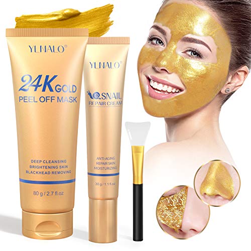 Blackhead Remover Peel Off Mask, 24k Gold Peel Off Facial Mask with Snail Repair Cream and Facial Brush, Deep Cleansing Anti-Aging, Reduces Fine Lines, Acne, Wrinkles, Rejuvenate and Moisturize Skin