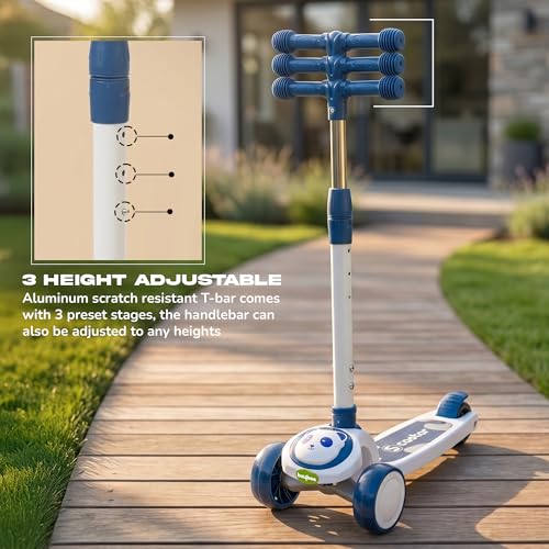 Image of Baybee Bambo Skate Scooter for Kids | 3 Wheel Kick Scooter with LED Wheels & Deck Lights with Music | 3 Height Adjustable Handle & Brake | Foldable Scooter for Kids 2 to 10 Years (Sky Blue)