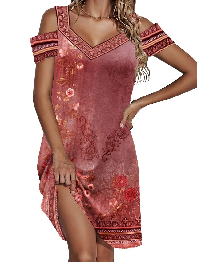 Image of SAUKOLE Womens Sexy Cold Shoulder Dresses Summer Casual Dress Loose Fit Knee Length Dress
