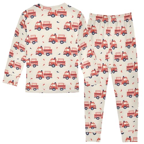 Cartoon Fire Trucks Pattern Cute Pajama Sets Long Sleeve Top and Pants, Snug Fit Sleepwear for Night Wears2