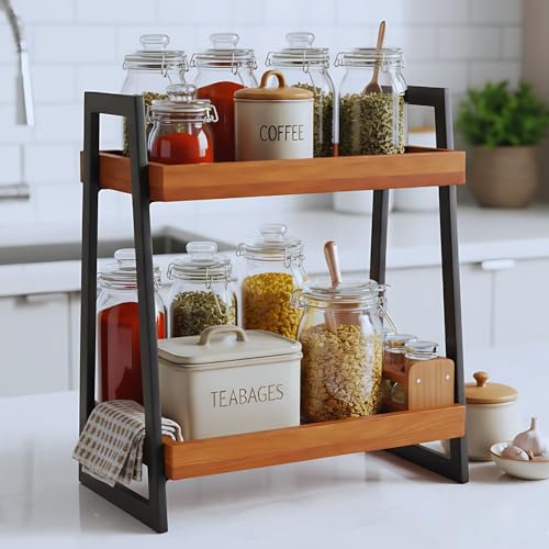 Image of Premium Linea Wooden Kitchen Organizer /Countertop Kitchen Storage Rack /Spice Rack /Shelf /Wooden Organizer /Living Room Organizer,Big(40 L x 26 W x 51 H Centimeters)