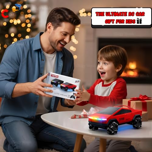 Image of RC Tesla Cyber Truck Style Stunt Car for Kids - 2.4GHz Remote Control Drift & Side Driving Toy | Scale 1:28 | 7 LED Colors of Light with Hand Gesture Control (Random Color)