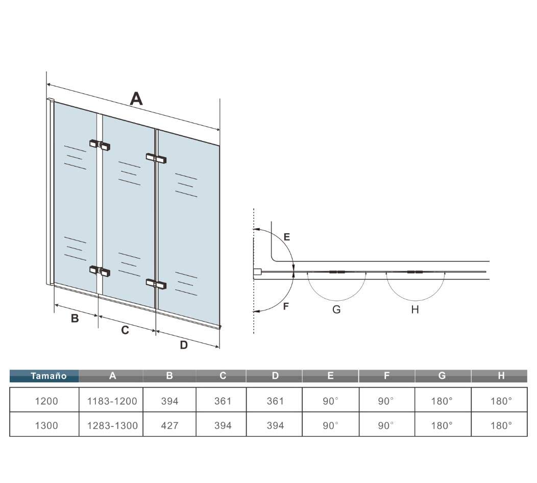 Mamparas de Bañera Biombo Plegable Cristal 6mm 3 veces plegable Antical 120x140cm