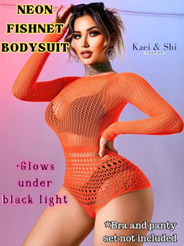 Image of Kaei&Shi Sexy Hollow Rave Outfits, Fishnet Bodysuit Fits US Women Sizes 0-18, Sheer Lace Glow Party Tops Festival Mesh