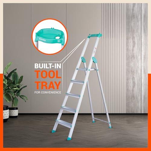 Image of Bathla Elevate 5-Step Foldable Aluminium Ladder for Home with Tool Tray | Anti-Skid | Durable, Heavy Duty, Safe & Stylish | 5-Year Warranty | Teal