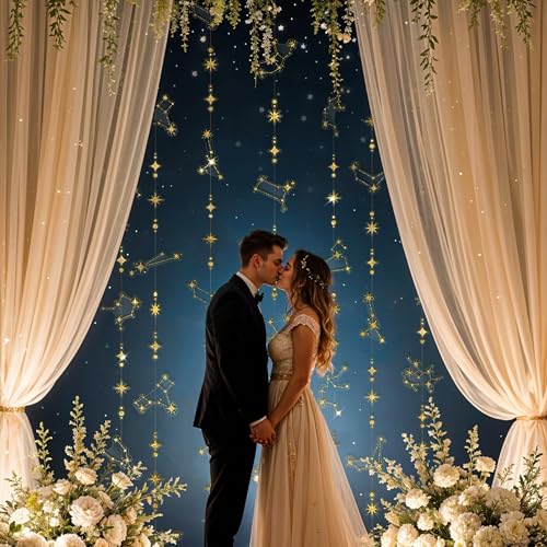 Image of Cheerland Glitter Celestial Party Decorations Constellation Birthday Decoration Star Garlands Witchy Backdrop Astrology Decor Zodiac Theme Banner Hanging Stars Streamer Galaxy Party Suppplies (Gold)
