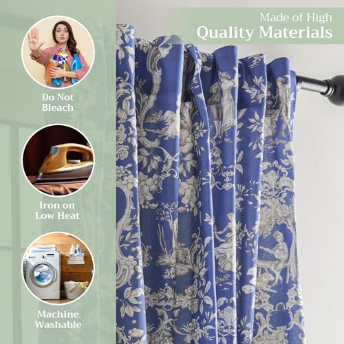 Image of Maison d' Hermine Curtains for Living Room 100% Cotton 50 inchx96 inch (Pack of 1) | 96 inches long Light Filtering Toile Curtains for Windows with Rod and Loop Pockets - Joli Jouy - Blue