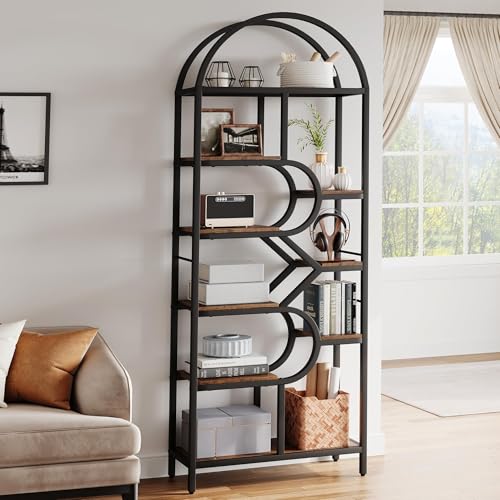Garvee Bookshelf 6 Tier Arched, Bookcase 82 Inch Tall Display Racks, Geometric Open Storage Shelf, Book Rack Metal Frame Large Modern Bookshelf for, Living Room, Home, Office, Rustic Brown
