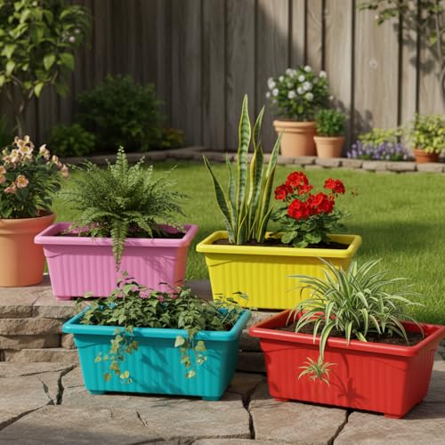 Image of Bianco Rectangular Plastic Pots for Plants, Jupiter Flower Pots for Home, Window Display, Garden (35 x 18.5 x 15 cm) (Multicolor) (Pack of 4)