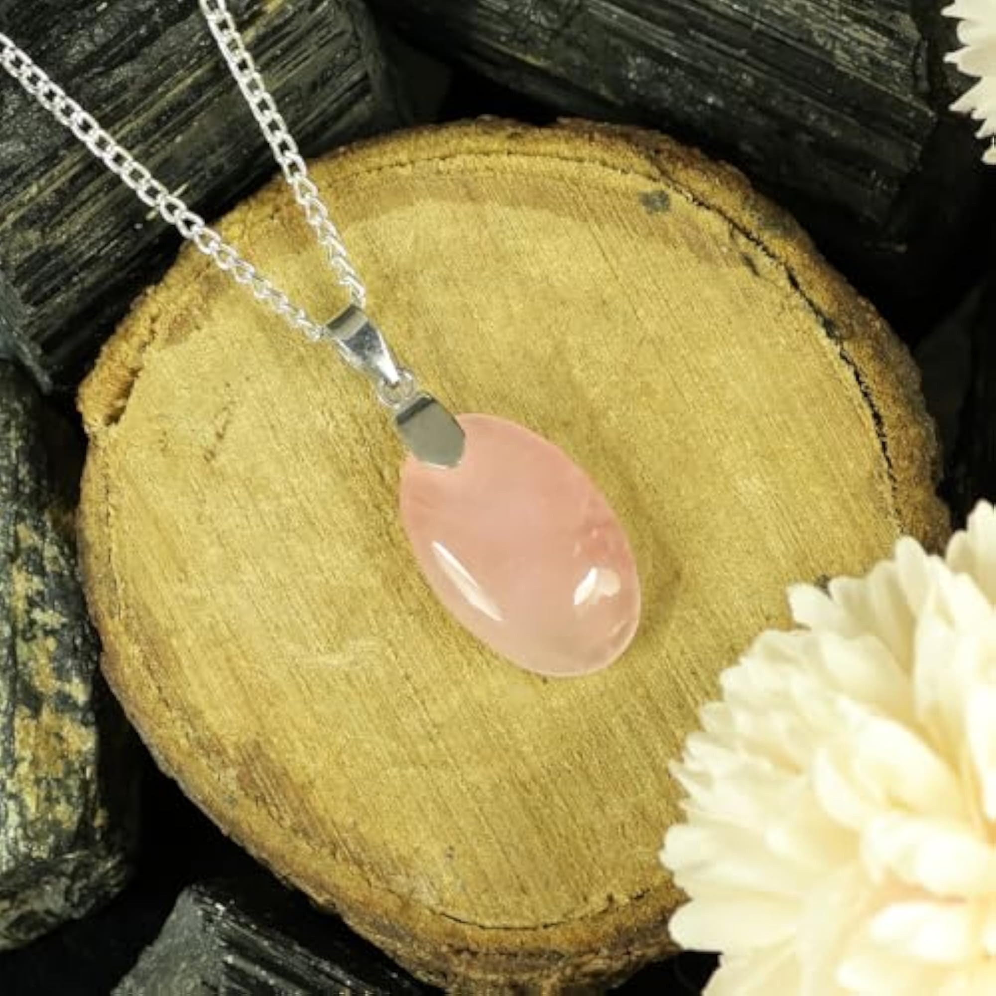 Natural AAA Rose Quartz Pendant with Metal Chain