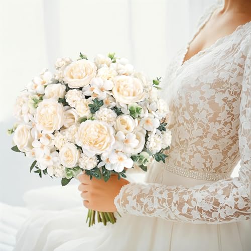 2 Bundles White Peonies Artificial Flowers Silk Flower Centerpieces for Tables Fake Flower Arrangements Bouquets Mixed Roses Hydrangea with Stems for Wedding Bridal Bouquets Home T image 4