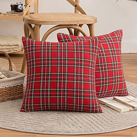 Lunconyine Set of 2 Christmas Plaid Cushion Cover 45cm x 45cm, Decorative Throw Pillow Covers for Home Holiday Decor(Fine Plaid) Cover