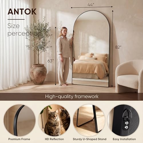 Image of Antok 82 inch x44 inch Arched Full Length Floor Mirror, Black Aluminum Frame, Free Standing /Wall Mount /Leaning for Bedroom, Living Room, Dressing Room