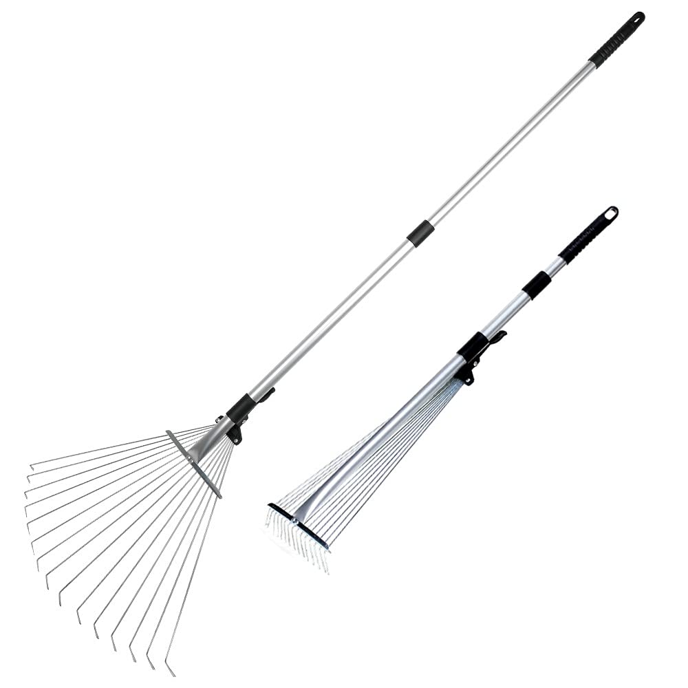 JonesHouseDeco Rastrillo de Hojas Ajustable, Tubo de Aluminio Galvanizado, Rastrillo Telescópico de 160 cm, Cabezal de Metal Ajustable de 19 cm a 51 cm, para Césped y Patio # T213A00