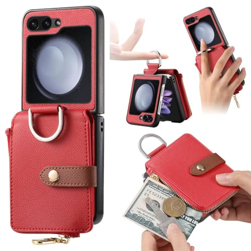Étui en cuir pour Galaxy Flip 5 rouge de luxe avec anneau élégant