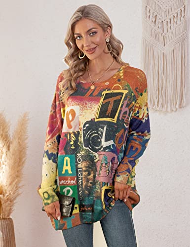 Image of YESNO Women Christmas Sweater Graphic Printed Oversized Pullover Sweaters Casual Loose Knit Tops S01