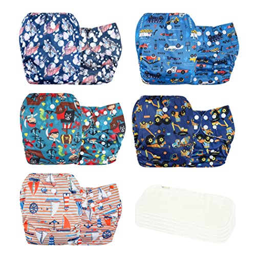 Image of wegreeco Cloth Diapers 5 Pack with 5 Inserts, Washable Cloth Diapers for Babies, One Size Adjustable Reusable (Boy Car & Sail)