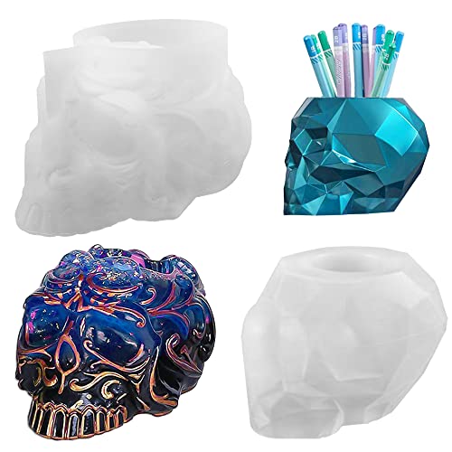 AIFUDA Lot de 2 moules en résine en forme de tête de mort 3D en silicone pour stockage de résine, moules en résine époxy pour bougies et pinceaux de maquillage