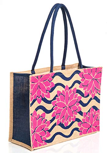 Image of H&B Jute Shopping Tote - Eco-Friendly Carry Bag for Grocery, Travel, Shoulder Handbag - Lotus Flower (Pack of 2 - White & Beige)