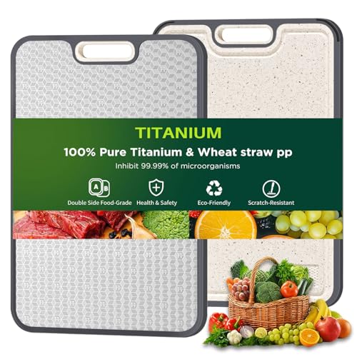 Titanium Cutting Board for kitchen, Dual Sided Food Grade Titanium & Wheat Straw PP, Non Slip Scratch Resistant Easy Clean, 15.5\" x 10.5\" (black)
