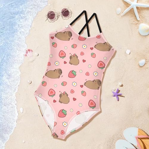 Girls One Piece Swimsuits Capybara with Cute Strawberry Cute Swimwear Bathing Suits 3-10T4