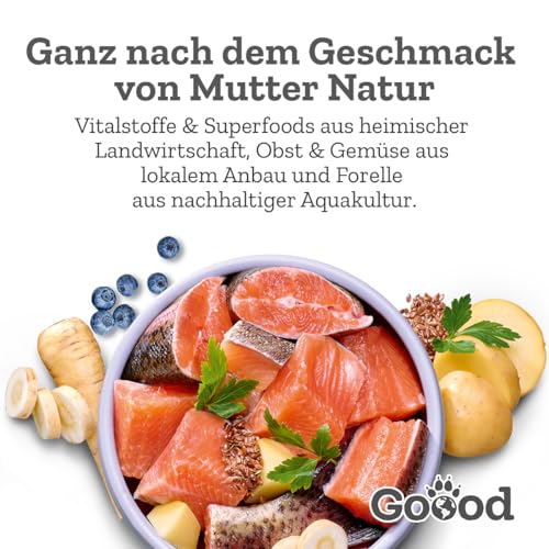Goood - Adult Nachhaltige Forelle - Nassfutter, Hundefutter - mit regionalem Gemüse und Beeren - Getreidefrei, Glutenfrei, Weizenfrei, Ohne Konservierungsstoffe - 6 x 400 g