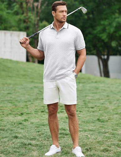 Image of JMIERR Mens Casual Polo Shirt Short Sleeve Vacation Button Summer Beach Knit Stretchy Golf Shirts