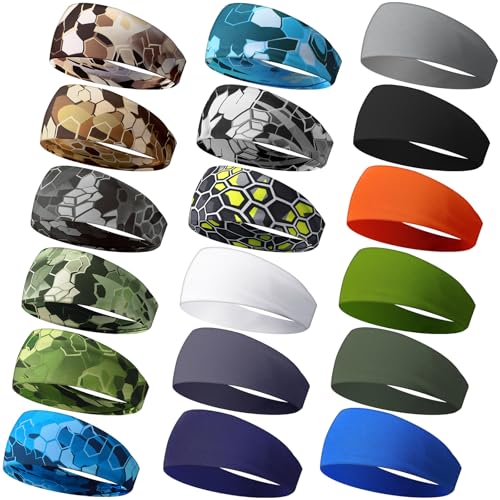 Image of 18 Pcs Sports Sweatbands for Men Women Camo Headbands Workout Non Slip Headbands Breathable Head Band Fitness Stretchy Unisex Hairband for Yoga Running Cycling Ball