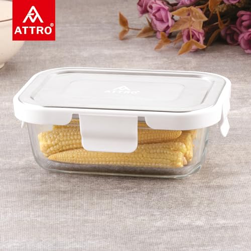 Image of ATTRO Glassox Borosilicate Rectangular Glass Lunch Box with Stainless Steel Lid Food Storage Container Microwave & Freezer Safe BPA-Free Food-Grade 370ml Set of 2