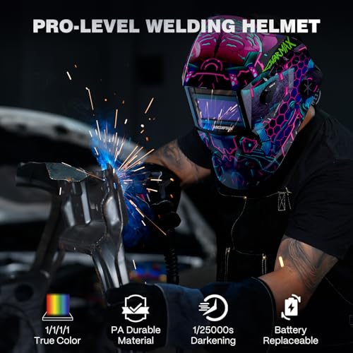 Image of ARCCAPTAIN Large Viewing Screen Welding Helmet, 1 /1 /1 /1 Top Optical Clarity Auto Darkening Welding Hood, 4 Arc Sensor 1 /25000s Response Time True Color Weld Hood Helmet HSH-S800 Cyberpunk