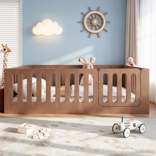 Image of Bellemave Queen Montessori Floor Bed Frame,Brown | Solid wood kids montessori floor bed with high safety fence & door, low to ground design for girls and boys