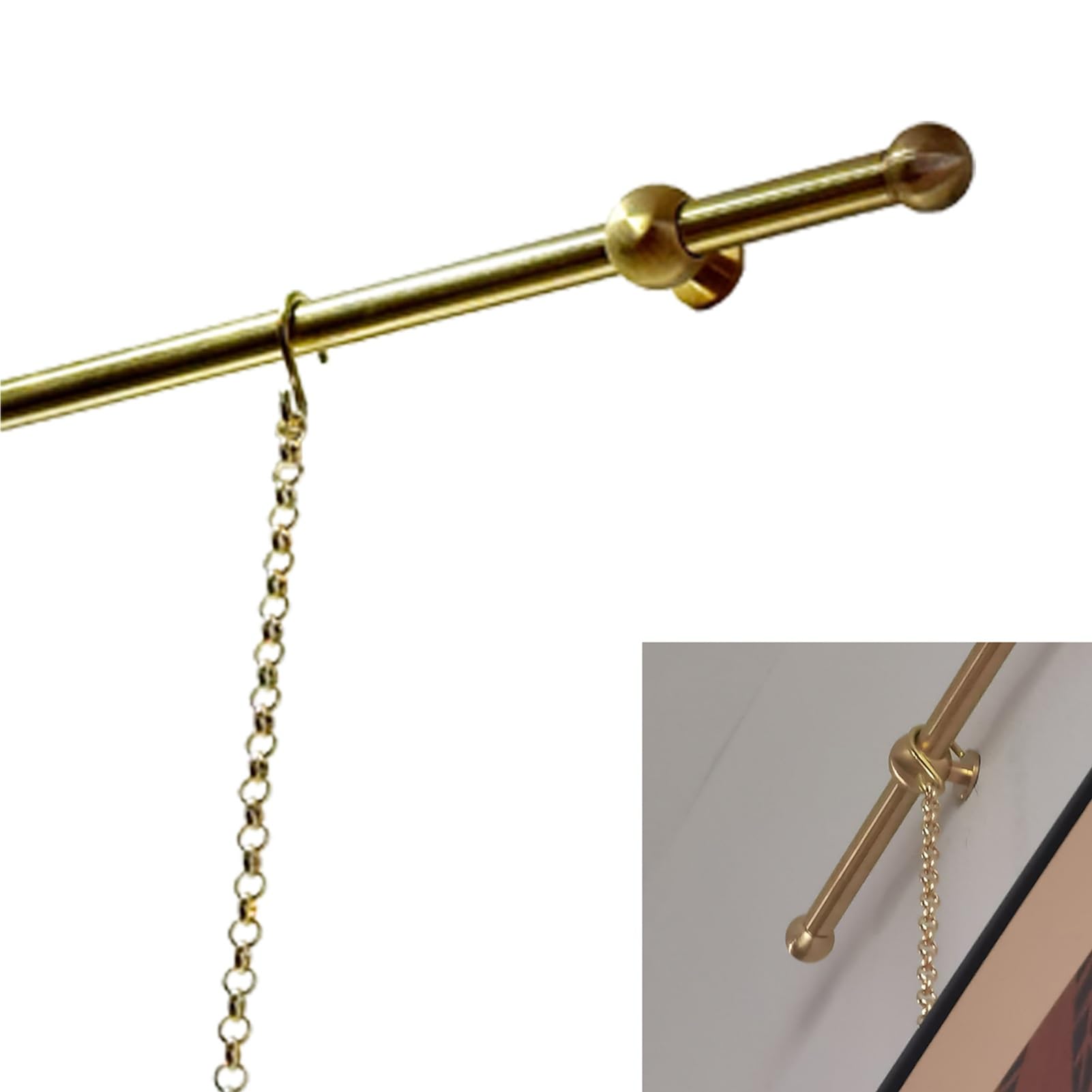 Bilderschienen Aufhängesystem Messing Halterung für Kunstwerke an Gipswänden, Komplettes Verstellbares Bilderschienen Aufhängeset, Präsentationsstange für Fotos(1.2m/47.2in/3.9ft Rod)