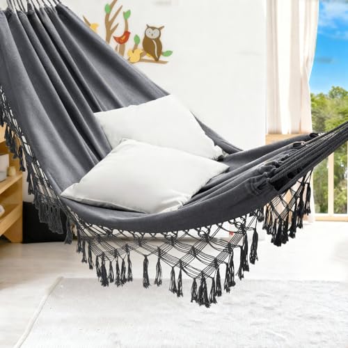 Image of JoyView Boho Macrame Double Hammock with Hanging Ropes & Elegant Tassels 86.6x59 Portable Cotton Hammock for Patio Backyard Porch 450LBS Weight Capacity Perfect for Outdoor /Indoor - Dark Grey