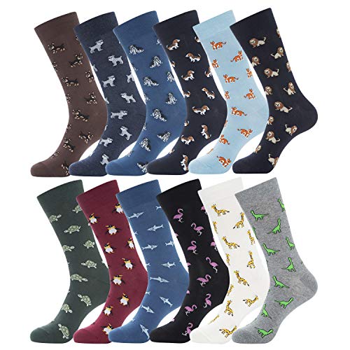 YEJIMONG Men's Cotton Fun Colorful Striped Casual Dress Socks, Funky Designed Fancy Socks 12 Pairs, Size 9-12