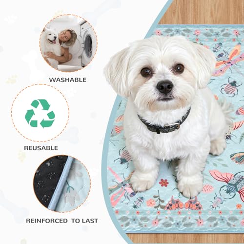 Image of Lahome Insect Washable Reusable Pee Pads for Dogs, 2 Pack, Blue, 36x48 | Waterproof, absorbent pet mats with non-slip backing and butterfly print; suitable for crates, floors and potty training.