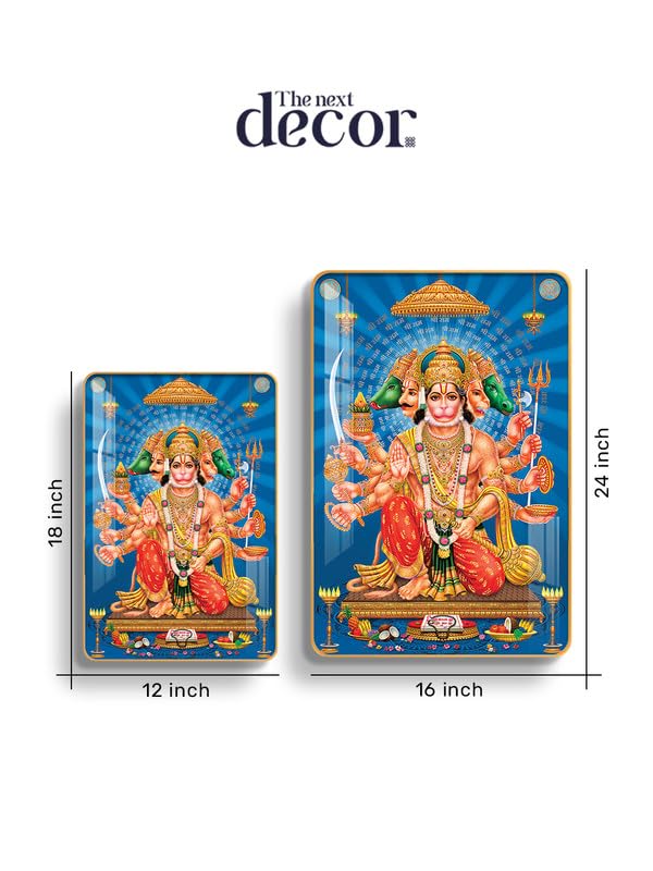 Image of The Next Decor Lord Panchmukhi Hanuman Wood Glass Finish Wall Art Decorative Painting for Living Room, Bedroom, Dining Room (Size: 18x12 Inches)
