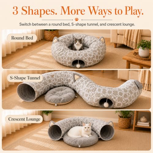 Image of Geometric Cat Tunnel Bed Under Christmas Tree Oxford Outside with Plush Inside,Cats Toys Collapsible Tunnel Tube with Balls, for Rabbits, Kittens, Ferrets,Puppy 3FT