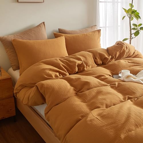 SE SOFTEXLY Muslin Duvet Cover King Size, 100% Washed Cotton Duvet Cover Set, Ultra Soft Comforter Cover Linen Like, 3 Pieces Minimalist Gauze Duvet Cover with 2 Pillowcases, 90"x104", Pumpkin