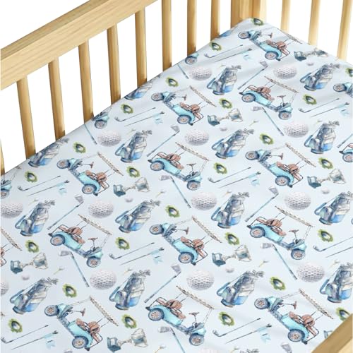 Image of Baby Boys Standard Crib Sheet Covers Golf Gear Sport, Watercolor Blue Ball Glove Car Stick Snug Fitted Toddler Mattress Sheet, Soft Stretchy Breathable Kids Nursery Bed Decor Gift 52 x 28