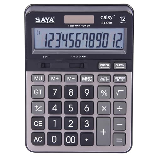 Image of Saya Premium Desktop Calculator | 12-Digit Display, Dual Power, Check & Correct Function, Metal Face Plate | Ergonomic Design for Office & Business Use | 3-Year Warranty