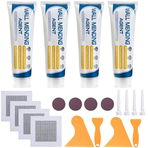 Deuvuo 4 Pack Wall Repair Kit with 2" Drywall Patch, Spackle Polyfiller, Sandpaper, Scraper for Holes, Cracks, Graffiti, Ceiling - Ready Mixed Plaster Filler Kit (White)