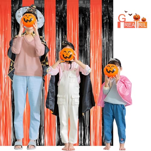 Image of Black Orange Streamers Party Backdrop - GREATRIL Tinsel Fringe Curtain for Halloween Decorations /Pumpkin /Birthdays Party Decoration - 3.2ft X 8.2ft - 2 Packs
