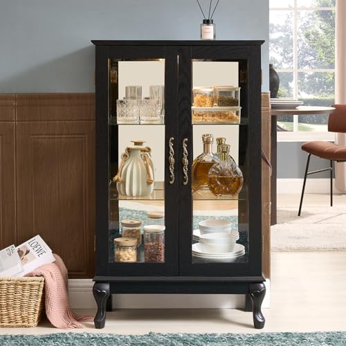 Image of 43 inch H Lighted Wooden Curio Cabinet, Freestanding Glass Display Case with Tempered Glass Door, Adjustable Shelves and Mirrored Back Panel, Decorative Storage Cabinet for Living Room (Black)