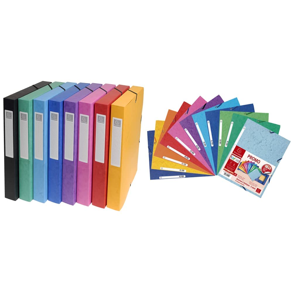Exacompta 50300E Archivio, Confezione da 8, Multicolore & Cod. 55510AMZE 1 Confezione da 11 Cartelle 3 lembi con elastici angolari Cartoncino da 400 g/mq certificato FSC
